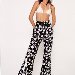 Nasty Gal Black and White Star Sequin Flare Pants